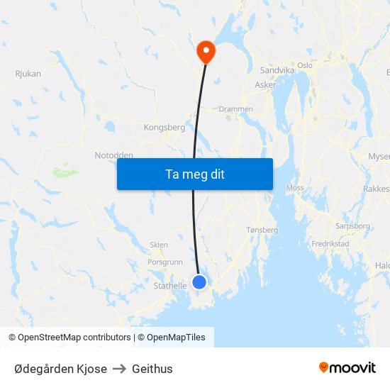 Ødegården Kjose to Geithus map