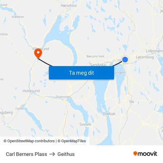 Carl Berners Plass to Geithus map