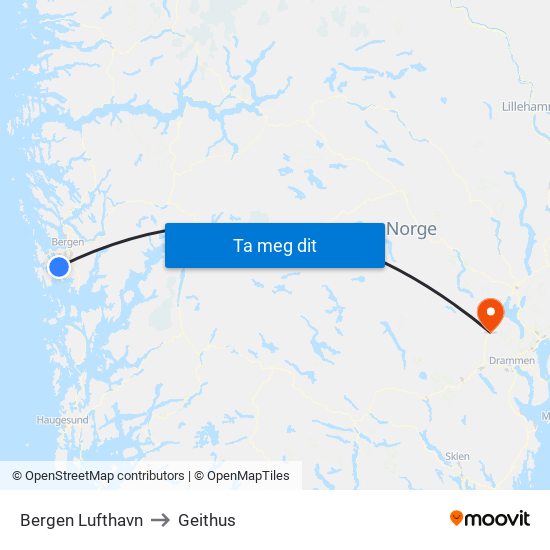 Bergen Lufthavn to Geithus map