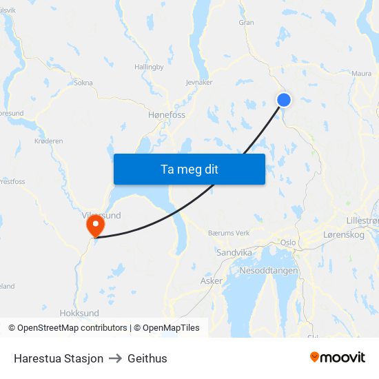 Harestua Stasjon to Geithus map