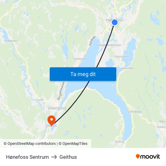 Hønefoss Sentrum to Geithus map