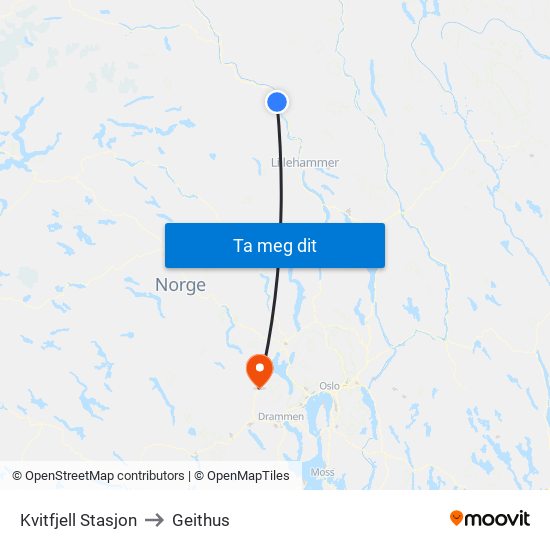 Kvitfjell Stasjon to Geithus map