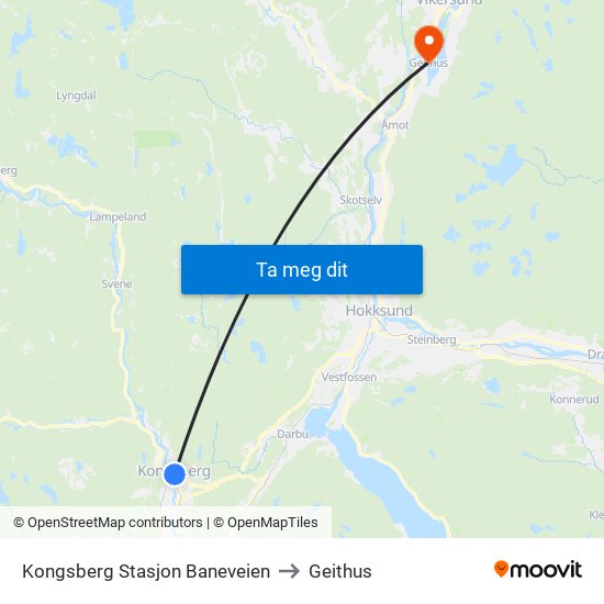 Kongsberg Stasjon Baneveien to Geithus map