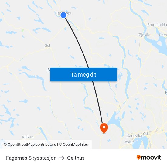 Fagernes Skysstasjon to Geithus map