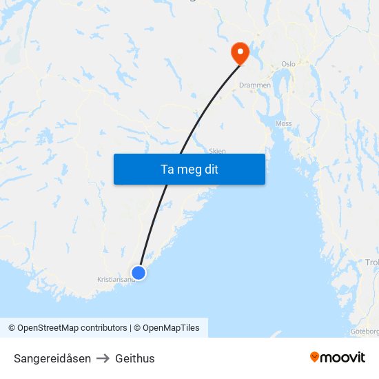 Sangereidåsen to Geithus map