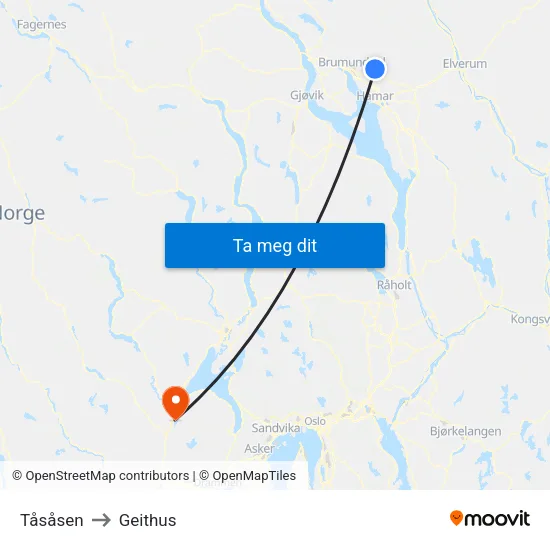 Tåsåsen to Geithus map