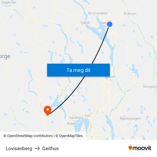 Lovisenberg to Geithus map