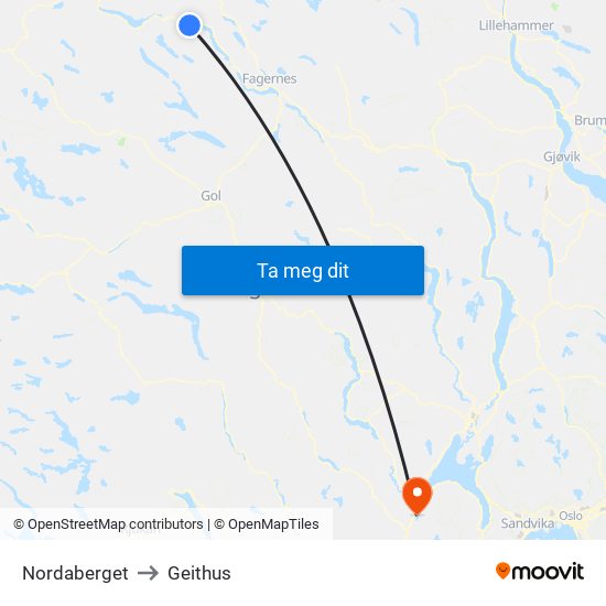 Nordaberget to Geithus map