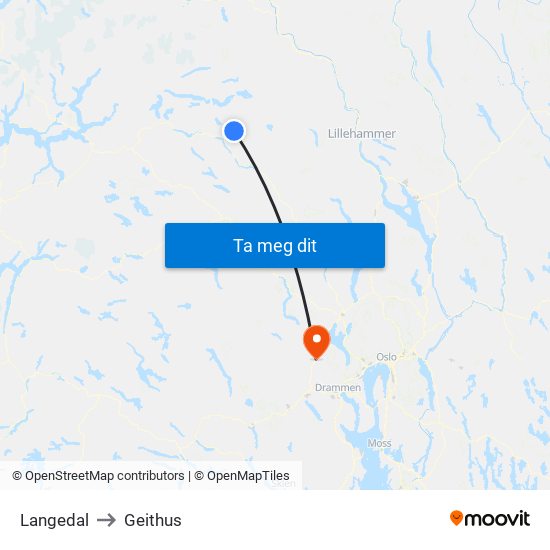 Langedal to Geithus map