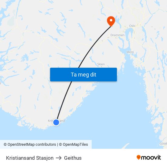 Kristiansand Stasjon to Geithus map