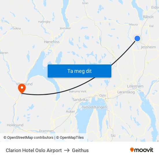 Clarion Hotel Oslo Airport to Geithus map