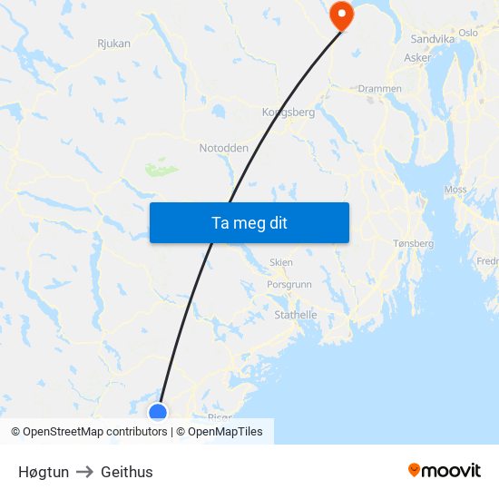 Høgtun to Geithus map