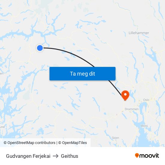 Gudvangen Ferjekai to Geithus map