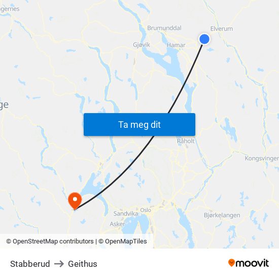 Stabberud to Geithus map