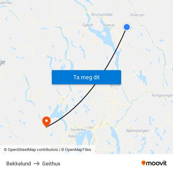 Bekkelund to Geithus map