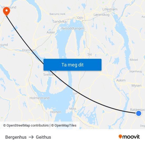 Bergenhus to Geithus map