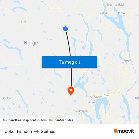 Joker Finnøen to Geithus map