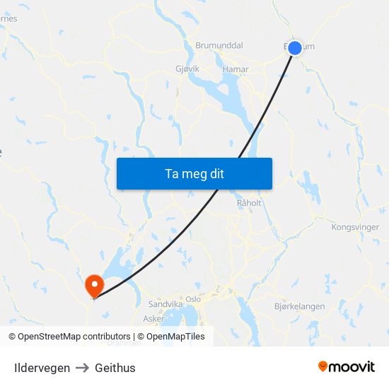 Ildervegen to Geithus map