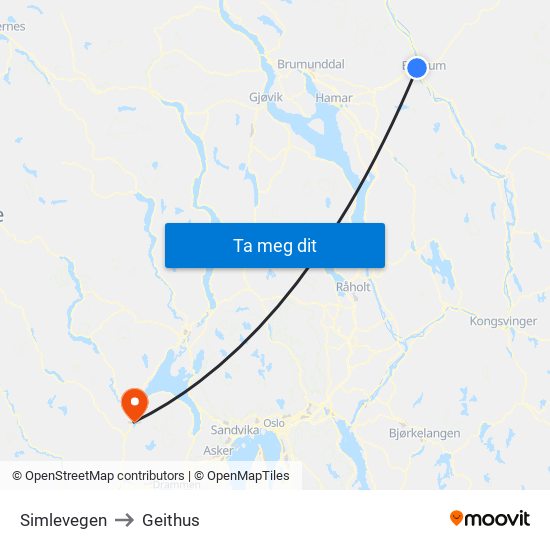 Simlevegen to Geithus map