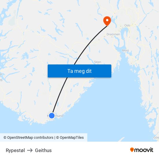 Rypestøl to Geithus map