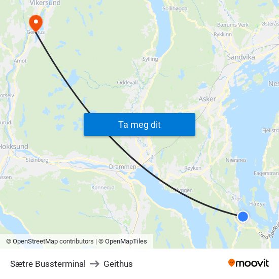 Sætre Bussterminal to Geithus map