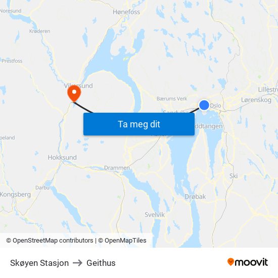 Skøyen Stasjon to Geithus map