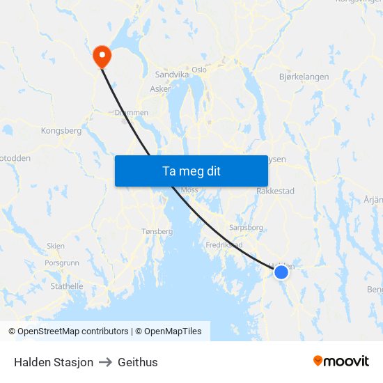 Halden Stasjon to Geithus map