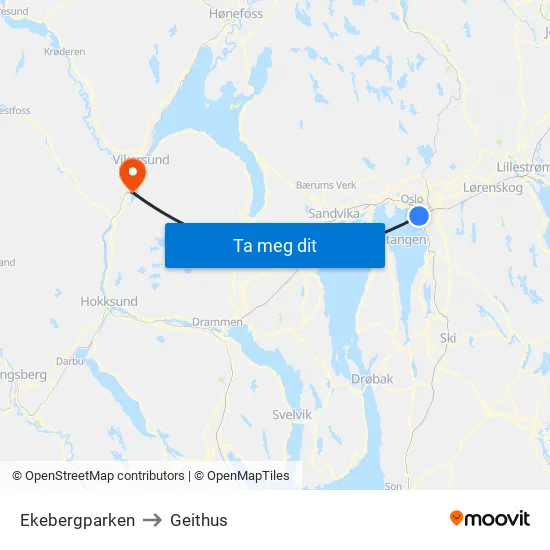 Ekebergparken to Geithus map