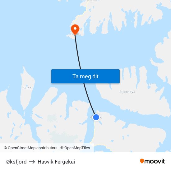 Øksfjord to Hasvik Fergekai map