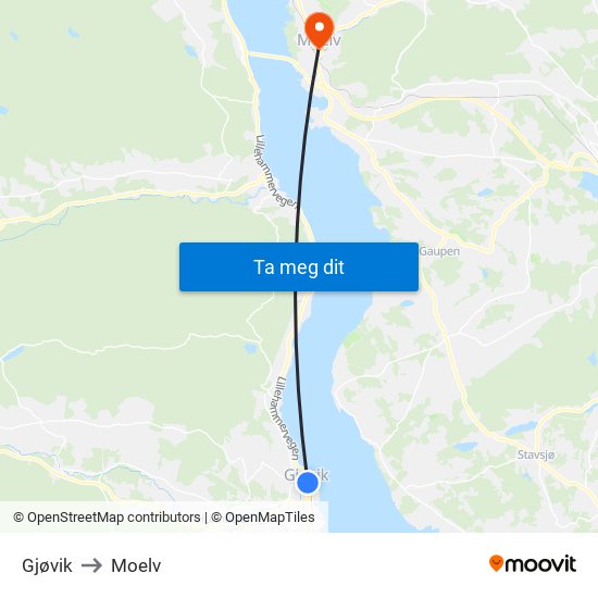 Gjøvik to Moelv map