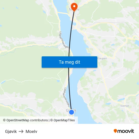 Gjøvik to Moelv map