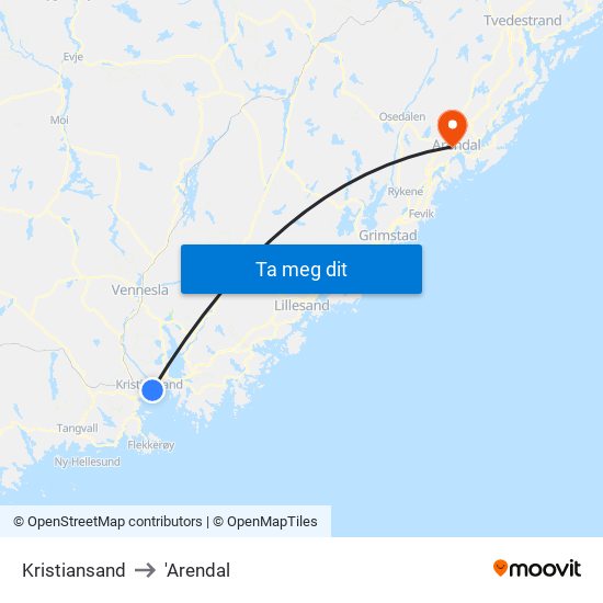 Kristiansand to 'Arendal map