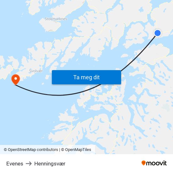Evenes to Henningsvær map