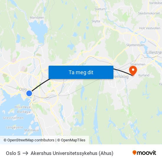Oslo S to Akershus Universitetssykehus (Ahus) map