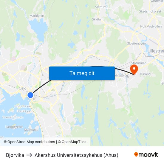 Bjørvika to Akershus Universitetssykehus (Ahus) map