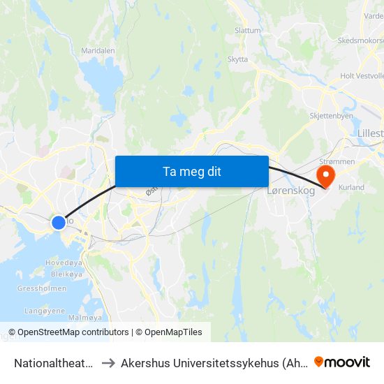 Nationaltheatret to Akershus Universitetssykehus (Ahus) map