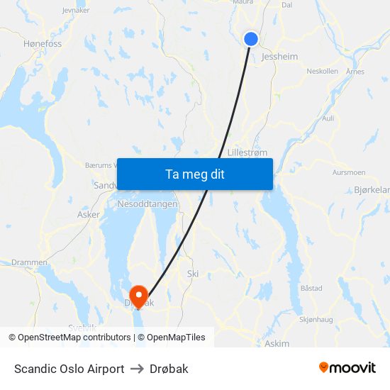 Scandic Oslo Airport to Drøbak map