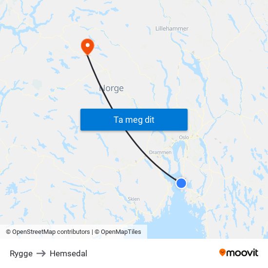 Rygge to Hemsedal map
