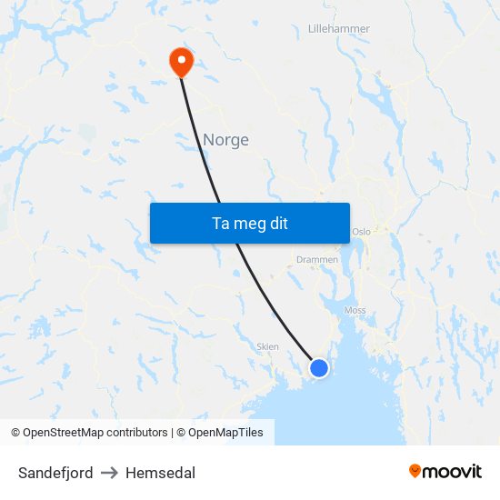 Sandefjord to Hemsedal map