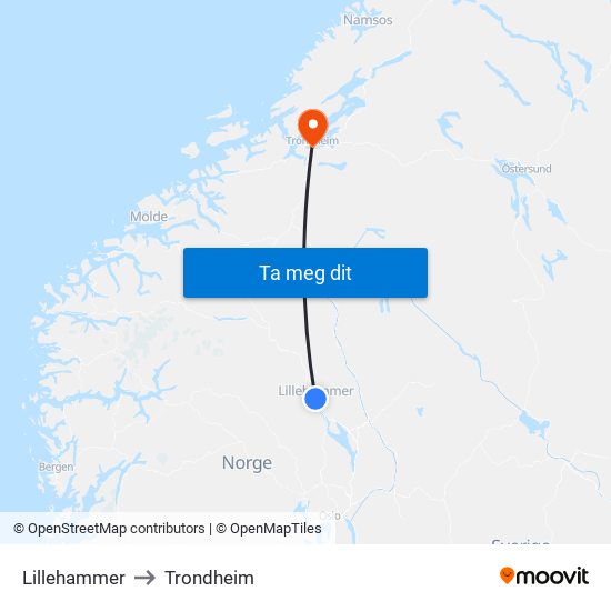 Lillehammer to Trondheim map