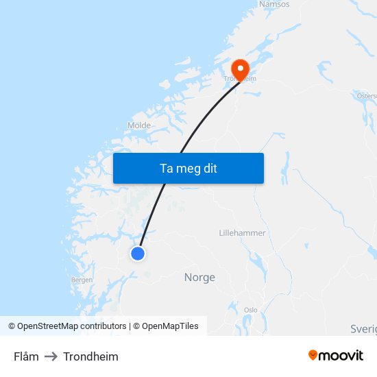 Flåm to Trondheim map