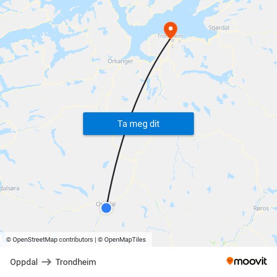 Oppdal to Trondheim map