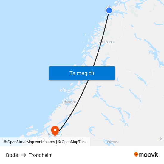 Bodø to Trondheim map