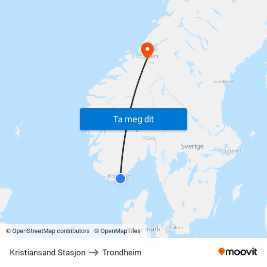 Kristiansand Stasjon to Trondheim map