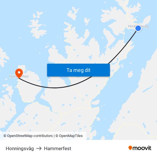 Honningsvåg to Hammerfest map