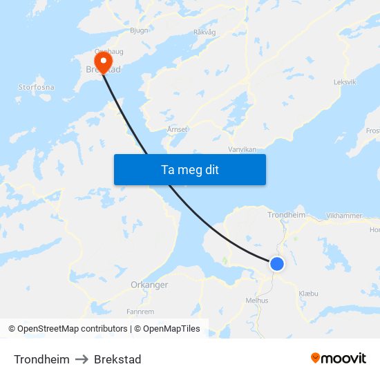 Trondheim to Brekstad map