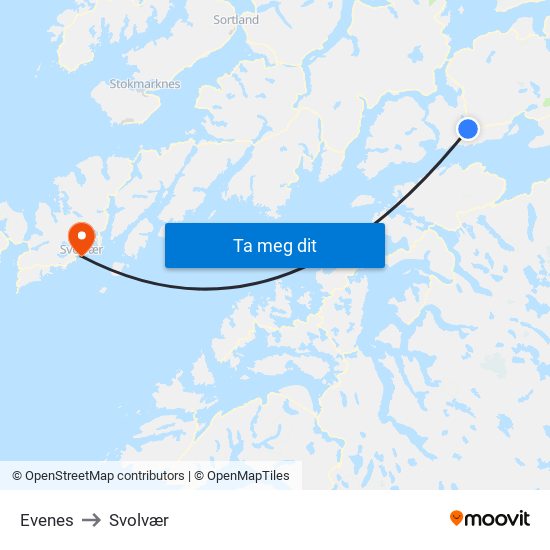 Evenes to Svolvær map