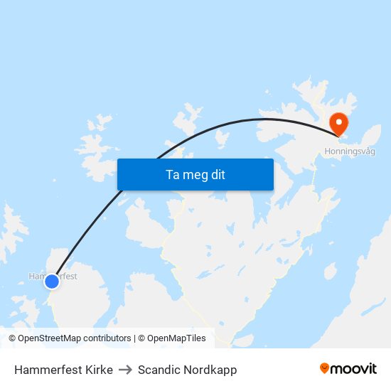 Hammerfest Kirke to Scandic Nordkapp map