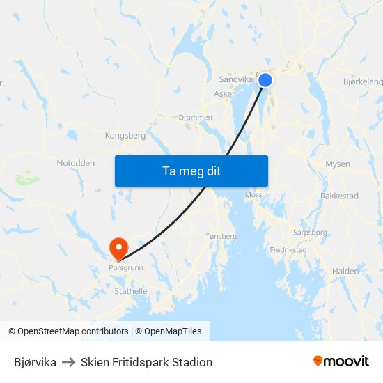 Bjørvika to Skien Fritidspark Stadion map