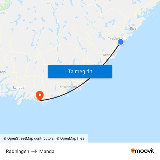 Rødningen to Mandal map